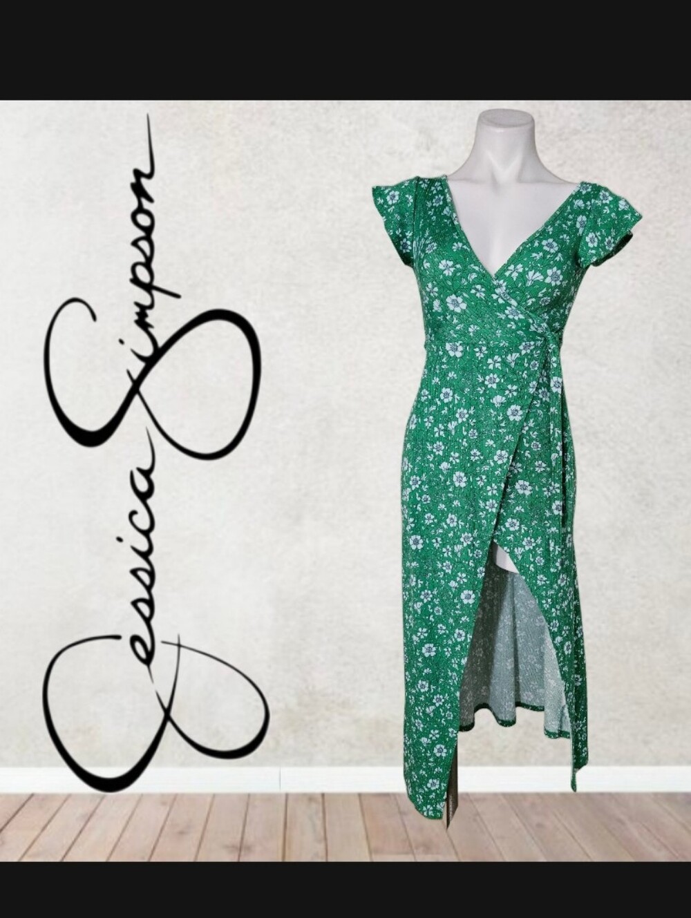 Jessica Simpson Green Floral Wrap High-Low Dress Size XS